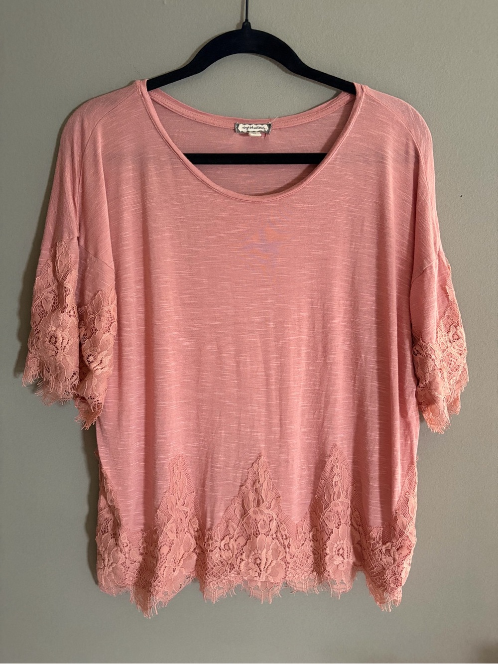 Eyeshadow Top Blush Pink Lace Trim XL Linen Blend Blouse Romantic Boho Coquette